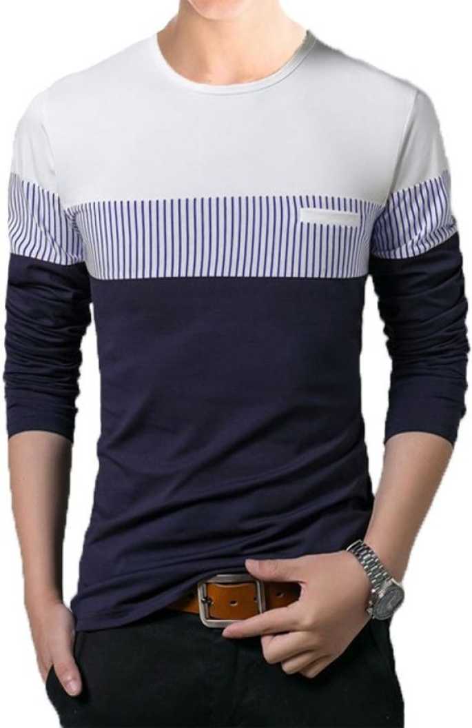 Striped Men Round Neck White T-Shirt